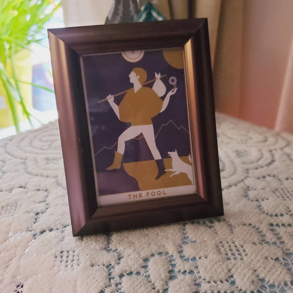 Tarot card art framed card the fool man dog purple gold white bronze mini frame